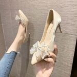 Beige Butterfly Pointed Stiletto High Heels For Women Elegant 2inch Bridal Wedding Shoes Closed - view 7 | JAHVIO