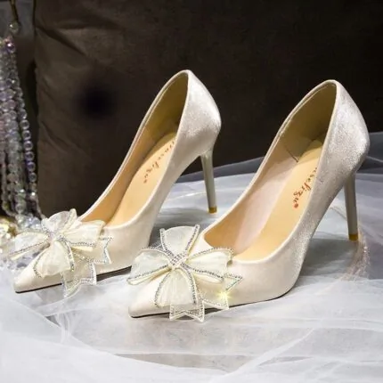Beige Pointed Toe Bridal Heels