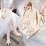 Beige Butterfly Pointed Stiletto High Heels For Women Elegant 2inch Bridal Wedding Shoes Closed - view 8 | JAHVIO