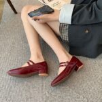 Wine red mary jane shoes high heels glossy size 35-41 Korean school shoes for women 1inch - view 4 | JAHVIO