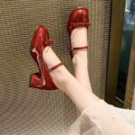 Red Mary Jane Shoes High Heels Glossy Leather Korean School Shoes For Women With Block Heels - view 3 | JAHVIO