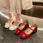 Red Mary Jane Shoes High Heels Glossy Leather Korean School Shoes For Women With Block Heels - view 4 | JAHVIO