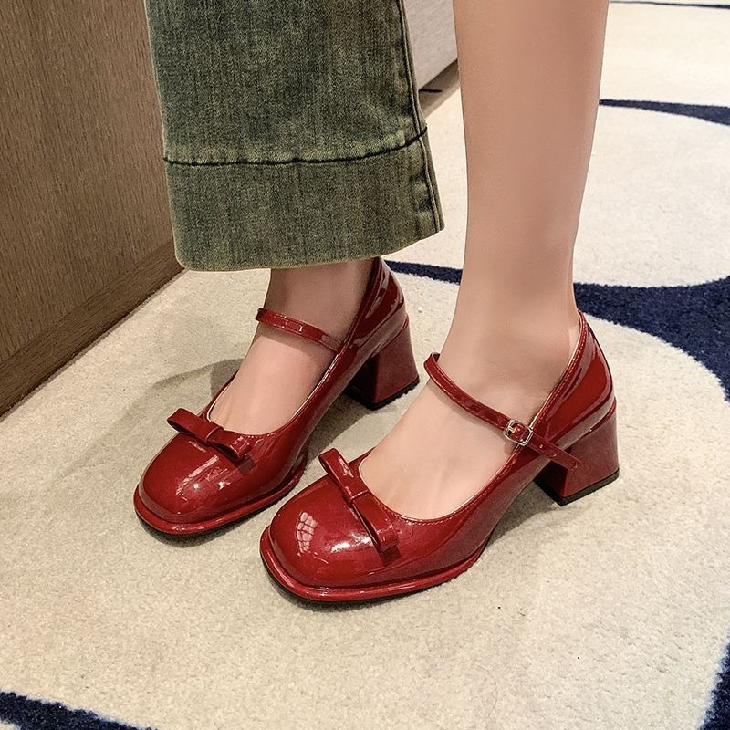 Red Mary Jane Shoes High Heels Glossy Leather Korean School Shoes For Women With Block Heels - jahvio