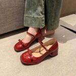 Red Mary Jane Shoes High Heels Glossy Leather Korean School Shoes For Women With Block Heels - view 7 | JAHVIO