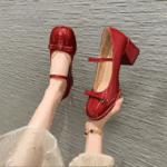 Red Mary Jane Shoes High Heels Glossy Leather Korean School Shoes For Women With Block Heels - view 9 | JAHVIO